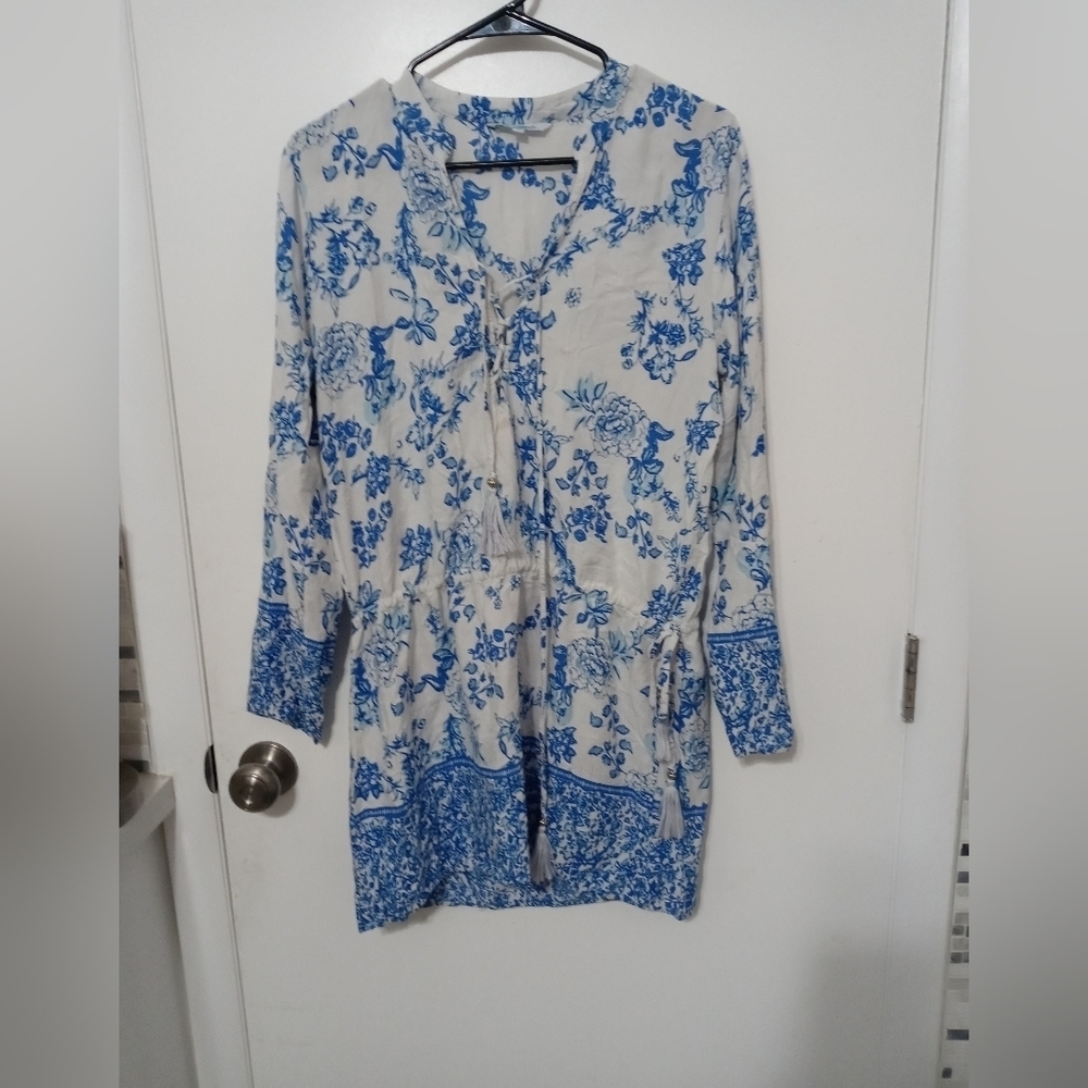 Blue Island Blue white floral boho beach cover up tunic blouse Med Tie up front